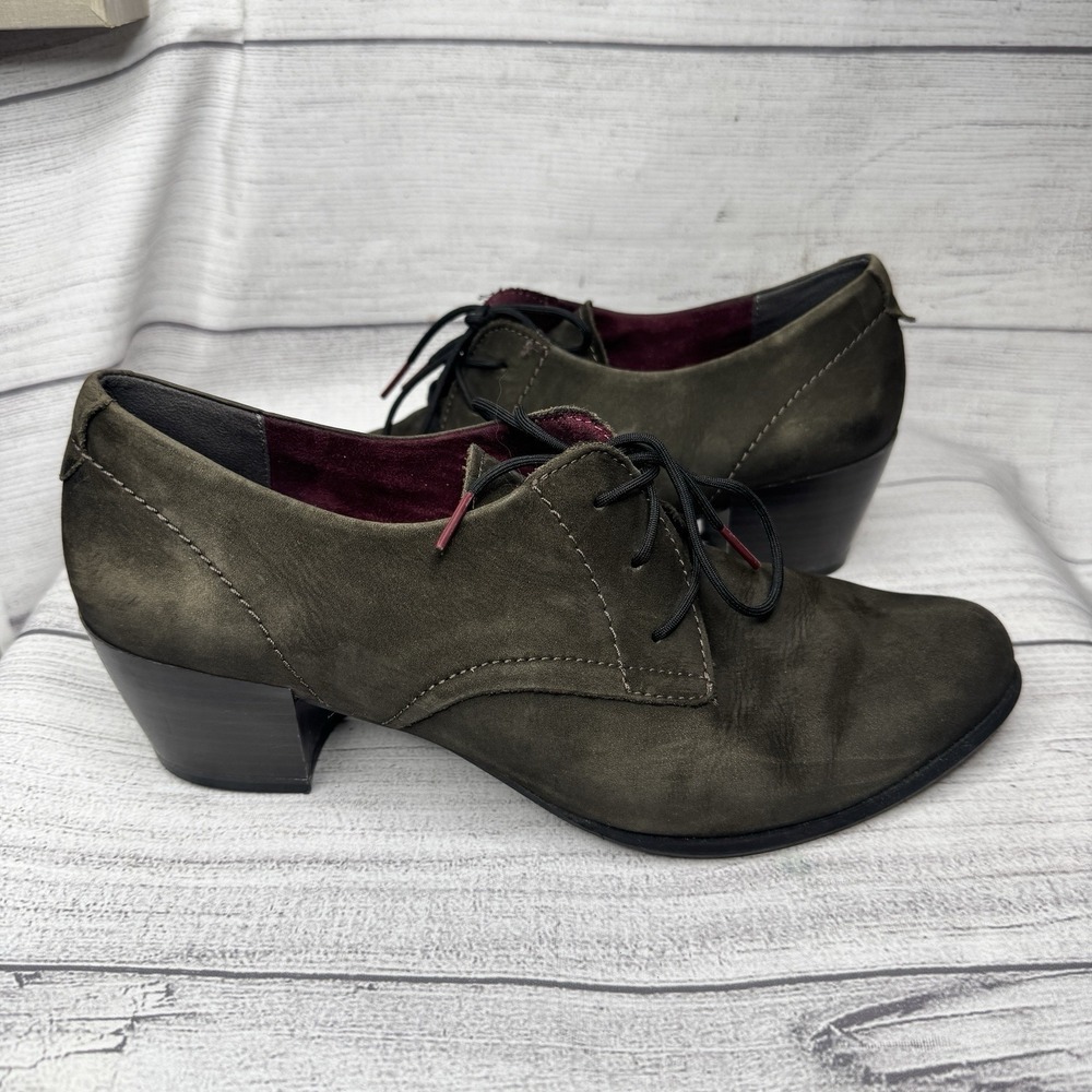 Tamaris Dark Green Suede Lace Up Oxford Block Heel Booties Women 7.5 EU 38 Goth